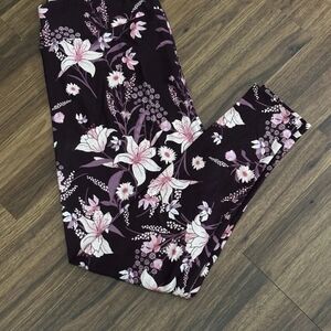 LuLaRoe Kids Floral Leggings - Plum Base with Pink & White Flowers